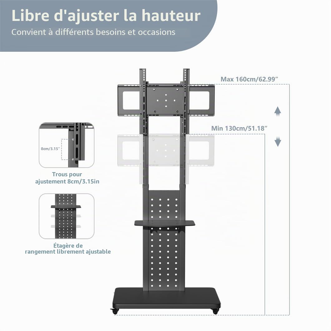 unho Support TV sur Pied avec roulettes: Pied TV Universel pour Écran 32-65 Pouces Meuble Télévision Rotatif Charge Max 50KG Réglable en Hauteur 130-160cm VESA Max 600x400mm pour Salon Chambre