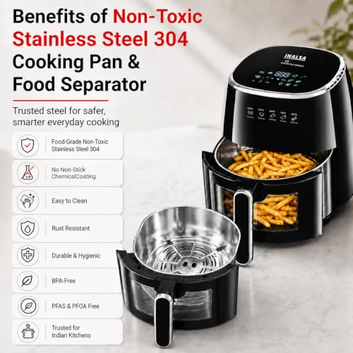 Image of INALSA Air Fryer with Stainless Steel Basket| Non Toxic|5.5 ltr & 1600 Watt| SteelChef DW5.5