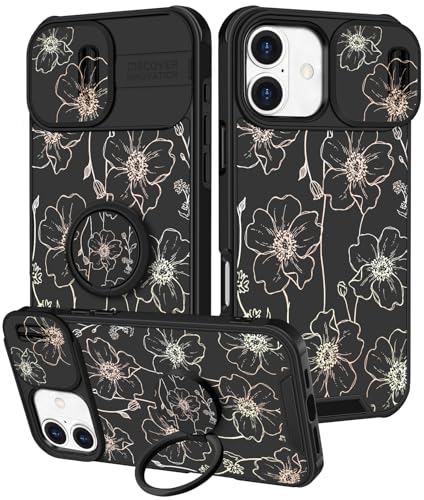 Image of Funermei for iPhone 16 Case - Women Girls Cute Phone Cover Girly Pretty Aesthetic Black Floral Flower Unique Design with Camera Cover Funda for Apple for iPhone 16