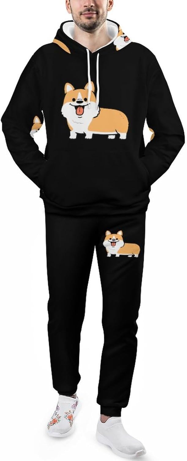 [Senar] かわいい コーギー 犬柄 雪 スウェット パーカー 上下セット メンズ トレーナー 長袖 便利服 2点 上着 パンツ