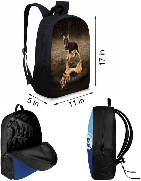 Miniatura 3 de Howilath Mochila escolar con patrón de pastor alemán, juego de mochila escolar para niños y niños, juego de mochila escolar de 17 pulgadas para