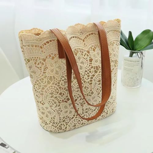 Bolso Tote con Bordado Floral de Seda y paja marrón miniatura 6