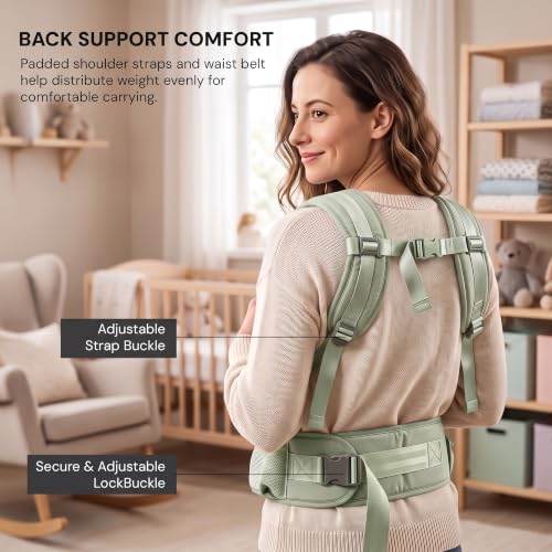 Image of Baybee 6-in-1 Baby Carrier for 0 to 3 Years with Hip Seat, Kangaroo Bag, Lumbar Waist Support, Breathable Mesh, Utility Pocket & Bottle Holder, Weight Up to 15 Kgs (Green)
