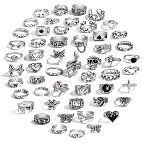 Image of IFKM Vintage Silver Knuckle Rings Set for Women, Stackable Joint Finger Statement Rings Bohemian Retro Hollow Carved Midi Rings, Boho Halloween Skeleton Skull Snake Heart Chunky Stacking Rings Pack