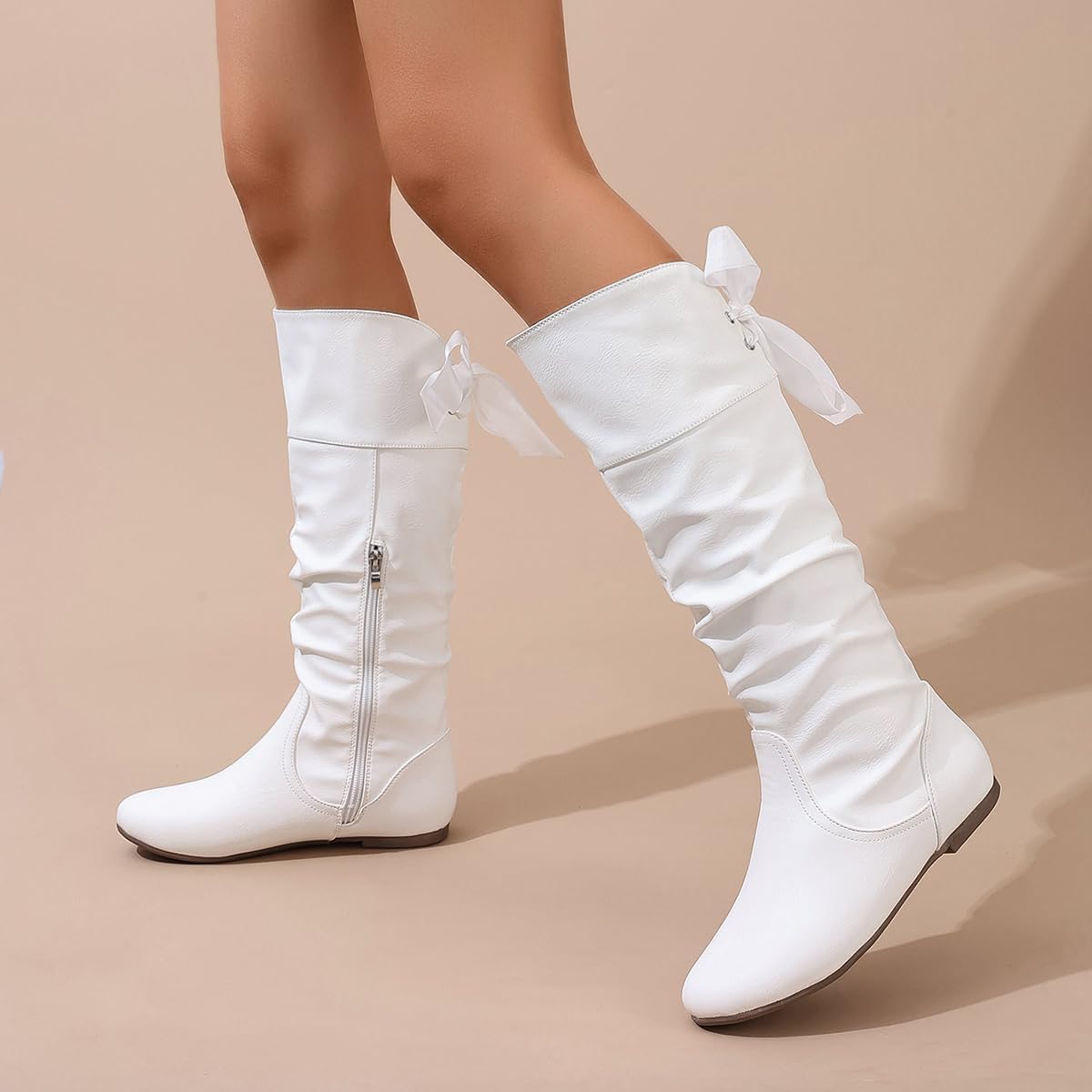 Women's Slouchy Knee-High Boots - Faux Leather with Side Zipper & Adjustable Ribbon Bow, Fall 2024 Flat Heel Casual Boots for Everyday Comfort