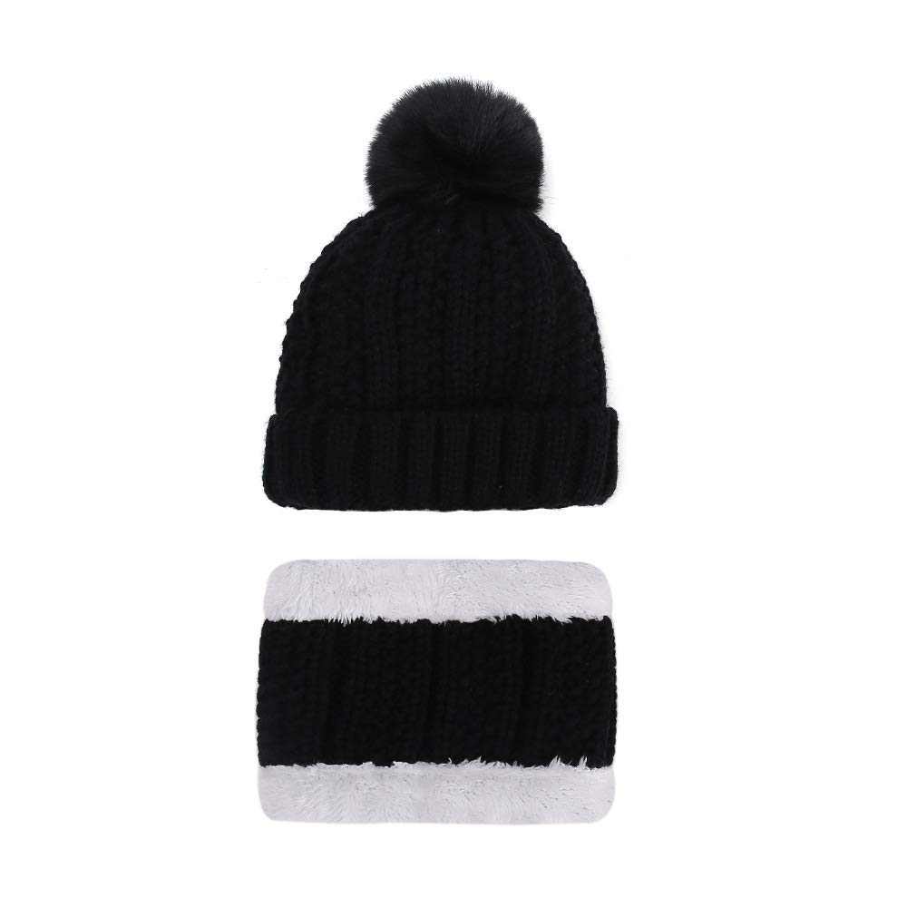 Baby Winter Beanie Hat Scarf Set for 1-3 Years Old Toddlers Boys Girls, Knit Thick Warm Chunky Fleece Lined Thermal Sets (Black)