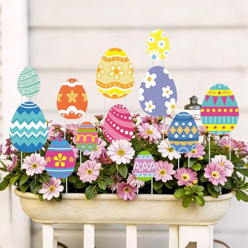 LawnIdyll 12 Pcs Easter Egg Planter Stakes for Outdoor Decorations