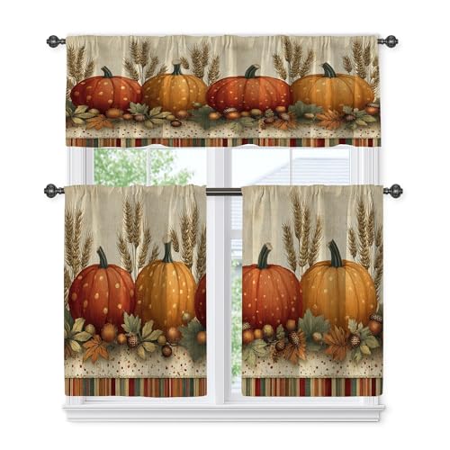 Cortinas de cocina de calabaza, hojas de trigo rústicas otoñales, cortinas de cocina naranja para ventanas, decoración de ventana para comedor, desayuno, rincón, área de fregadero, 66 x 91 cm