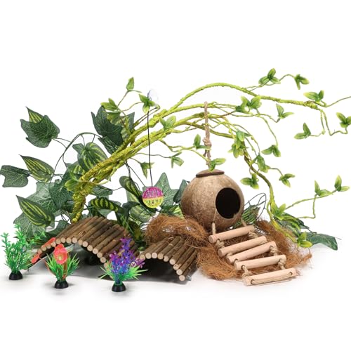 RUNANIA Crested Gecko Tank Accessories，Reptile Vines Plants with Coconut Shell Ladder Hideout Hermit Crab Decor for Bearded Dragon Lizard Chameleon Tortoise Snake