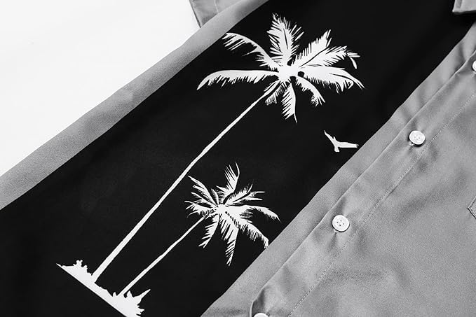 Cromoncent Camicia hawaiana da uomo e ragazzo a maniche corte con colletto cubano tropicale per vacanze estive da spiaggia, Albero Grigio Nero, 4XL