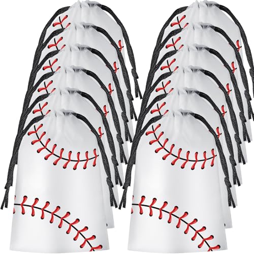 Flutesan 25 Pack 6 x 8 Inch Drawstring Baseball Party Favor Bags Plastic Baseball Snack Goodie Bags Gift Packaging Storage for Kids Boys Birthday Sports Theme Party Supplies