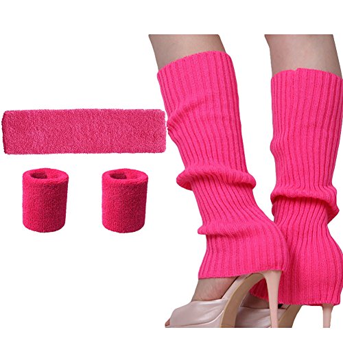 Leg Warmers Set - Women 80s knitted leg warmers Running Headband Wristbands Warmers 1980s Theme Party Accessories (Pink-leg warmers +Running Headband+ Wristbands)