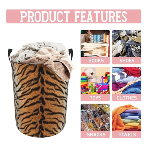 Image of Tiger Animal Texture Round Laundry Hamper Storage Basket Toys Clothes Organizer Bin For Home Bathroom Bedroom Dorm Nursery, 38l