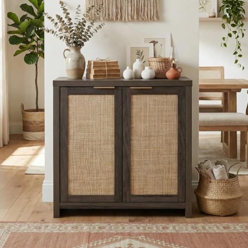 Image of OAKHAM HOME Rattan Sideboard Cabinet with Storage, Black Oak | Buffet Cabinet with 2 Soft-Close Doors, Adjustable Shelves and 110 lbs Top, For Living Room, Kitchen, Entryway