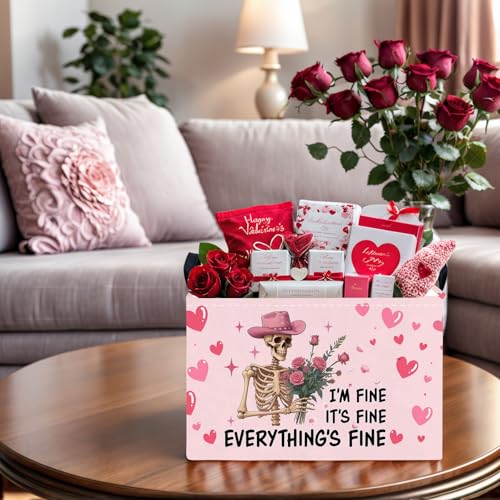 Image of Valentine's Day Basket Gift for Empty Cute Heart Large Storage Bin for Kid and Baby Room Decor (Pink Rose Skull Heart)