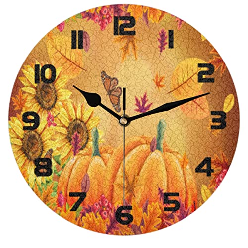 Auuxva A-0004-002-0250-1-22BH-007K Thanksgiving Pumpkin Maple Wall Clock Silent Non-Ticking,Sunflower Butterfly Fall Round Wall Clock Battery Operated Clock Decor cover