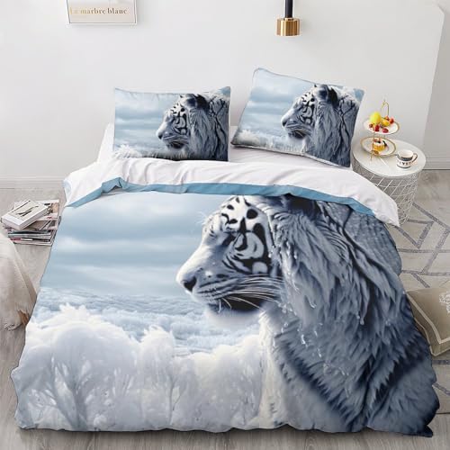 Parure tigre blanc housse de couette 200x200 en microfibre premium