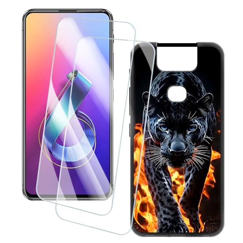 OAGELIM 2 Piezas Protector de Pantalla + Funda Compatible con ASUS Zenfone 6 ZS630KL (6.4 Pulgada) Funda Impresión Artística Personalizada y Cristal Templado (Guepardo)