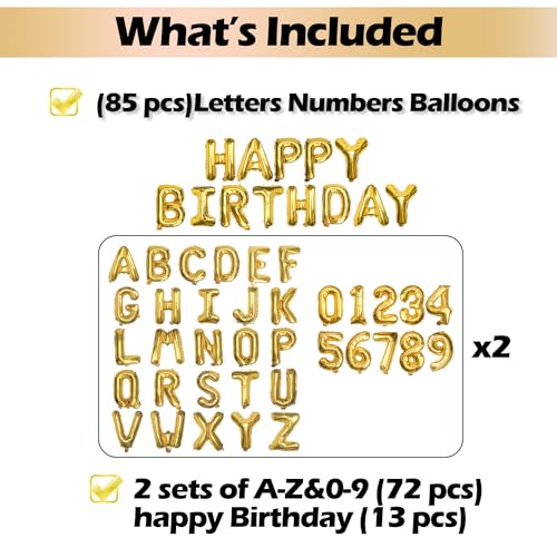 [85 PCS] 16" Gold Letter Number Balloons, Happy Birthday & 2 Sets of A-Z 0-9, Foil Mylar Aluminum Hanging Alphabet for Graduation New Year eve Birthday Party Decorations by Wellinology - Image 2