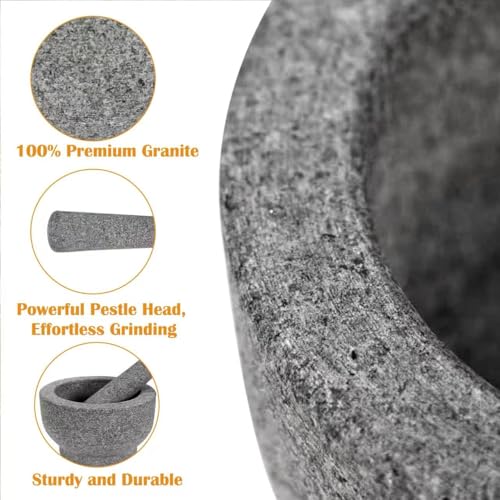 7” Heavy Granite 4 Cup Mortar & Pestle Natural Stone Molcajete Bowl and Grinder Set for Spices, Herbs, Seasonings, Pastes, Pesto and Guacamole. Release Your Favorite Flavors!Great Gift! - Image 4