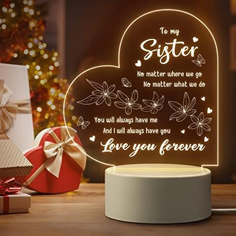 Birthday Gifts for Sister, Sister Birthday Gifts from Sister, Personalized Night Lamp Engraved with Quotes Present for Sister, Unique Sisters Gifts for Christmas Wedding Mothers Day Cover
