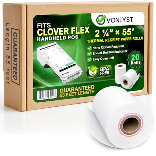 Vonlyst Clover Flex Paper Rolls 2 1/4" x 55’ Thermal Receipt Paper – 20 Rolls Pack - BPA Free POS Printer & Credit Card Machine Compatible C400 C401 C403 C405 C406
