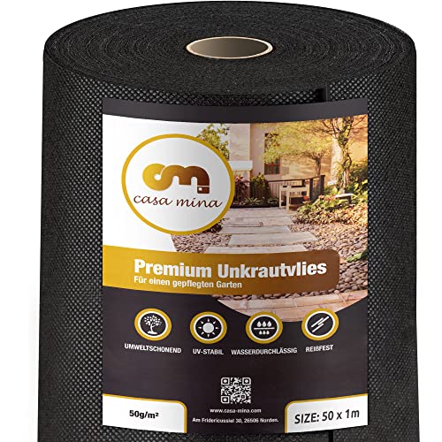 Casa Mina Unkrautvlies 50m² | Gartenvlies wasserdurchlässig gegen Unkraut 50g/m² | Vlies für den Garten, das Hochbeet & Co | Beet & Garten Abdeckvlies | Unkrautfolie wasserdurchlässig (50m x 1m Rolle)