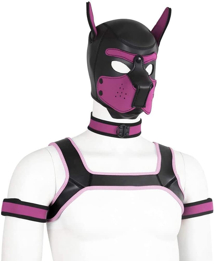 Adults Neoprene Puppy Hood Camo Full Face Mask Cosplay Costume Dog Head Masks (Pink Set, Large)