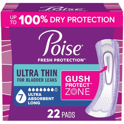 Poise Ultra Thin Incontinence & Postpartum Pads for Bladder Leaks 7 Drop Ultra Absorbency Long Length 22 Count (Packaging May Vary)