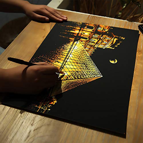 Scratch Paper Rainbow Painting Sketch Pads Diy Art Craft Night View Scratchboard For Adults And Teens - Scratch Painting Creative Gift - 2 Packs & Pen, Clean Brush, 16” X 11.2” (Paris / Louvre) #TOP2