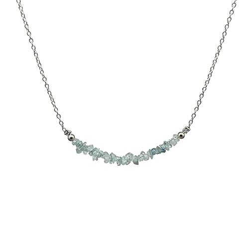 Gempires Natural Aquamarine Necklace, Nuggets Chips Bar Necklace, Aquamarine Crystal Necklace, March Birthstone Jewelry, Adjustable 18 Inch Silver