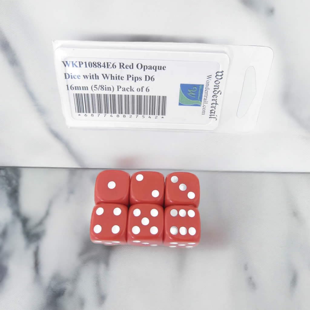 Red Opaque Dice with White Pips D6 16mm (5/8in) Pack of 6 Wondertrail
