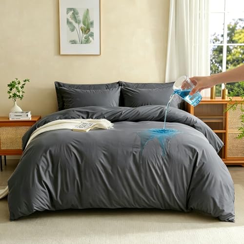 Waterproof Duvet Cover 90x90 Reusable Duvet Protector Cover Queen Size Washable Comforter Cover with Zipper Closer Flap 2 Pillowcases for Pets Kids Elder Incontinence(Gray Queen)