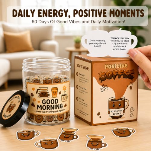 Positive Coffee Jar with 60 Affirmation Cards, Coffee Gifts For Women and Men, Dad, Mom, Coffee Themed Lover Gift, Emotional Support Latte, Cheer Up Funny Gag Gifts for Best Friends, Coworkers - Image 2