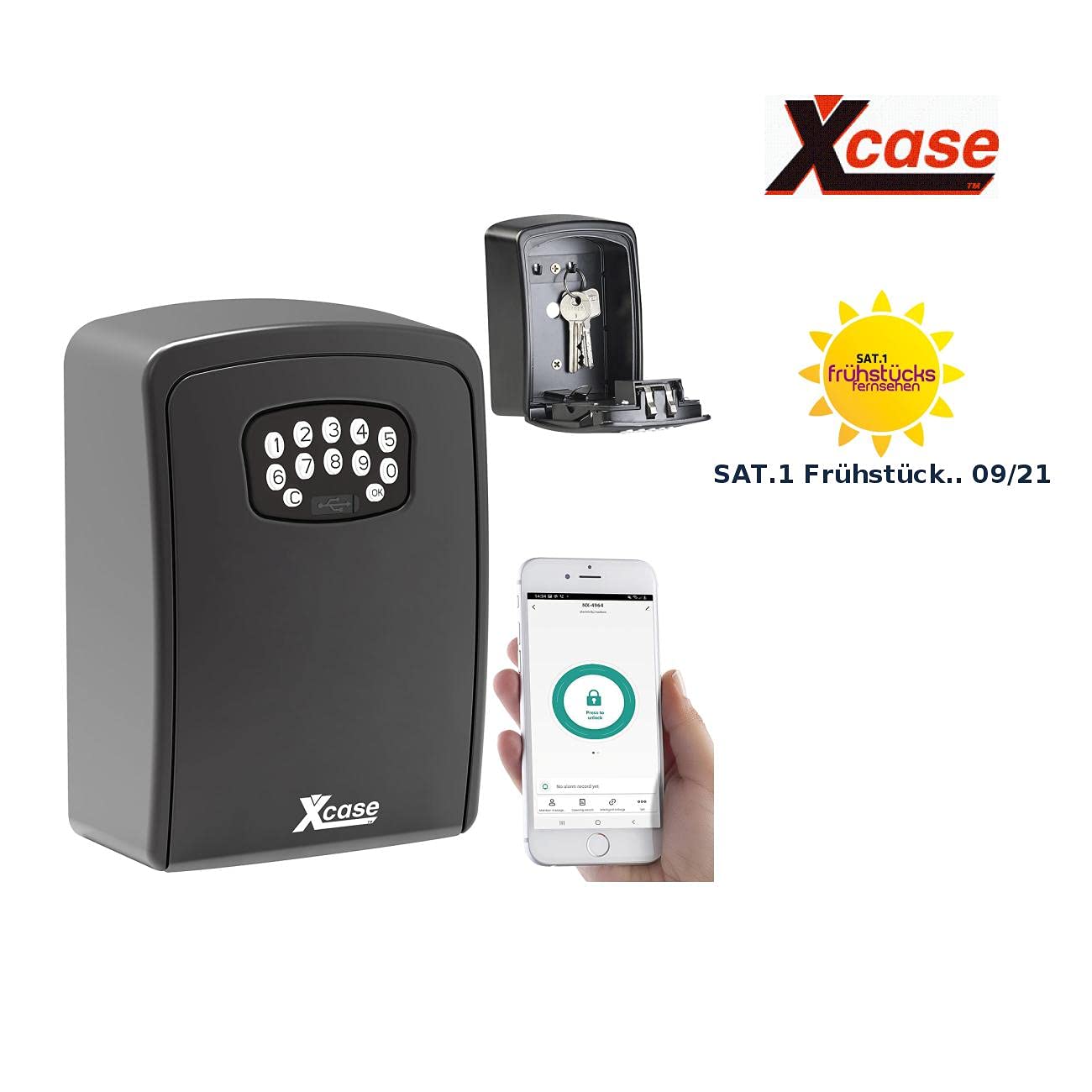 Xcase Schlüsselsafe: Mini-Schlüssel-Safe SAF-100.app mit Bluetooth und App, IP54 (Schlüsselbox mit Code, Key Box, WLAN)