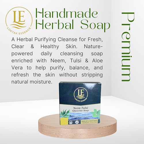 Image of Neem Tulsi Glycerine Soap Bar | Premium Handmade Herbal Soap with Neem, Tulsi, Aloe Vera & Vetiver | Gentle Cleansing for Oily & Dry Skin | 3 x 125g