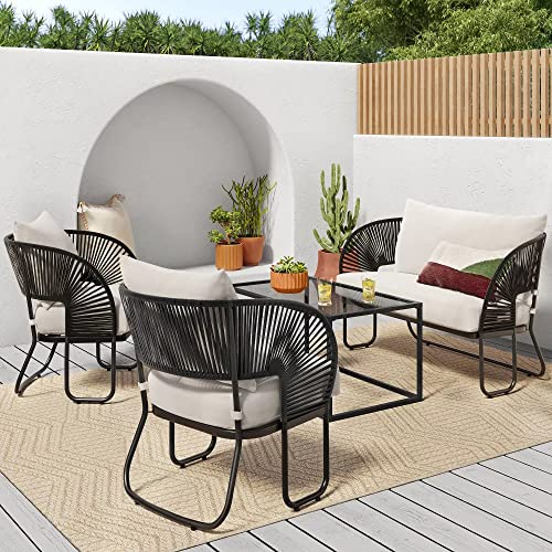 Image of DEVOKO Outdoor Rope Weaving 4 Piece Waterproof Patio Sofa Set with Cushioned Chair All Weather Furniture for Garden, Backyard, Pool, Porch (Black & White)
