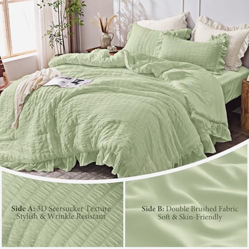 Image of JOLLYVOGUE Sage Green Comforter Full Size, 3 Pieces Seersucker Lightweight Full Size Bedding, All Season Fluffy Microfiber Bedding Comforter Set with 1 Ruffle Comforter and 2 Ruffle Pillowshams