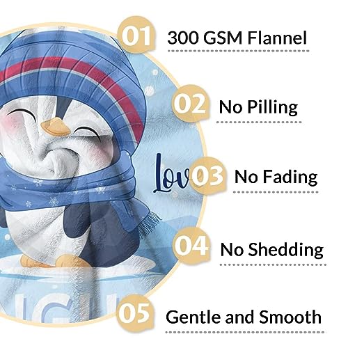 Custom Penguin Blankets with Name - Soft Warm Blanket Throw for Kids, Adults - 30"x40" Small Blankets for Couch, Work - Blue Cute Blanket Gifts