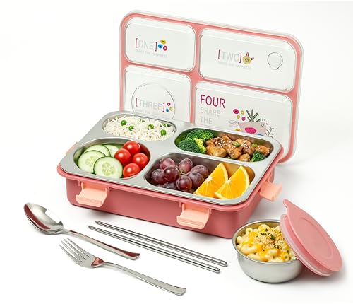 Image of TEC TAVAKKAL 4 Compartment Leak-Proof Lunch Box with Extra Steel Bowl & Lid, 900ML Bento Lunch Box | BPA Free | Includes Spoon, Fork & Chopsticks, Dishwasher Safe, Food Grade Durable Material (Pink)