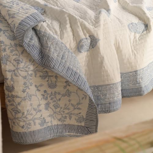 Image of Peepul Tree 100% Cotton Malmal AC Comforter 60 x 90 Inches, Best for Summers Lightweight, Soft, Breathable & Reversible AC Blanket for Single Bed, Off White & Blue