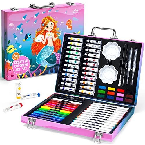 WEEKSUN Set de Dessin Enfant dans Le Thème des Sirène 66 Pcs, Kit de Dessin avec Peintures Acrylique, Marqueurs, Pastel à l'huile, Crayons de Couleur, Gâteau Aquarelle pour Enfants Et Adultes Cover