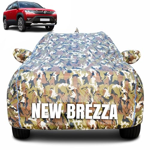 Image of 100% Waterproof Car Body Cover for Maruti Suzuki Brezza New with Mirror Pocket (Heat & UV Resistant, Triple Stitched, Soft Lining, Bottom Elastic & Piping) Camouflage, Military Print