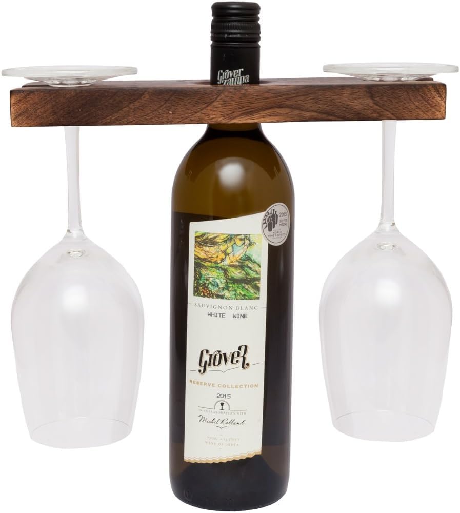 Wine Bottle & Glass Holder | Handmade Antique Wood Stand for Wine for Two Glasses & Bottle-image-26