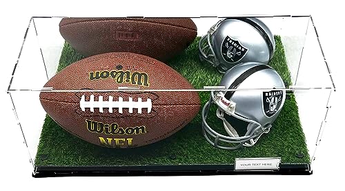 Mini Football Helmet & Ball Display Case Stand Box Sports Memorabilia Collectibles (Grass Platform)