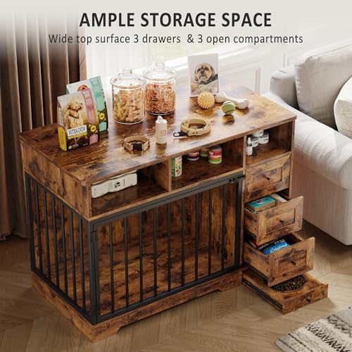 48'' Dog Crate Furniture, Farmhouse Dog Kennel Furniture with Dog Bowl & Storage Drawers, Heavy Duty Dog Cage End Table for Medium Small Dogs, Retro Brown