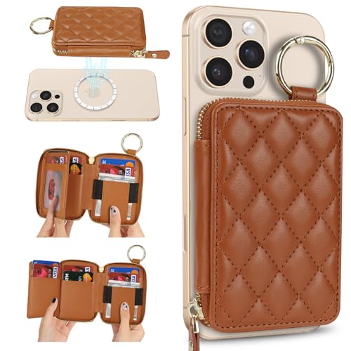 Image of Compatible with MagSafe Wallet,Magnetic Phone Wallet Card Holder for iPhone 17 /16 Pro Max /15 Pro /14 Plus /13 /12 Series,PU Leather Zipper Pocket Adjustable Stand-Brown