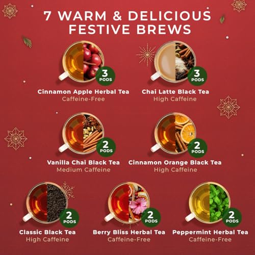Image of Christmas Tea Pod Gift Set (16 Count) - 7 Flavors Assorted Variety Pack | Vanilla Chai, Cinnamon Orange, Black Tea, Berry Bliss, Peppermint, Chai Latte, Cinnamon Apple, Tea Sampler, Non-GMO