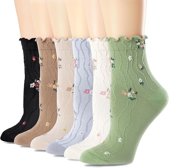 bropapa Damen Rüschen Crew Socken Vintage Gemustert Knöchel Freizeit Mode Kleid Socke Niedliche Salat Blumen Socken 6er Pack