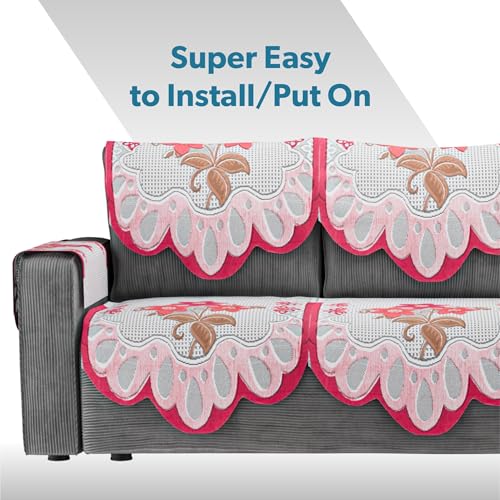 Image of Kuber Industries (Set of 16) Stylish & Durable Cotton Sofa Covers 5 Seater with Arms | Washable Sofa Protector & Slipcover for Living Room & Office | Painting Design-White & Pink